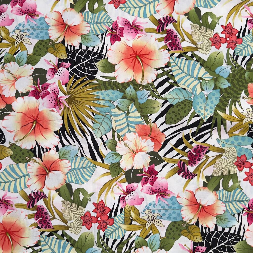 Pink & White Tropical Hawaiian Hibiscus Floral Cotton Fabric Print - 1/2 Yard